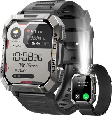 Sporty smartwatch with health monitoring and messaging functions.