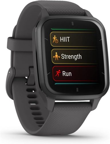 Black training watch with activity options: HIIT, Strength, Running, Garmin