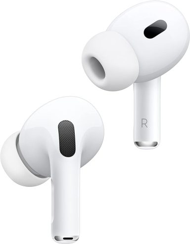 Wireless airpods headphones in white with earplugs and microphone.